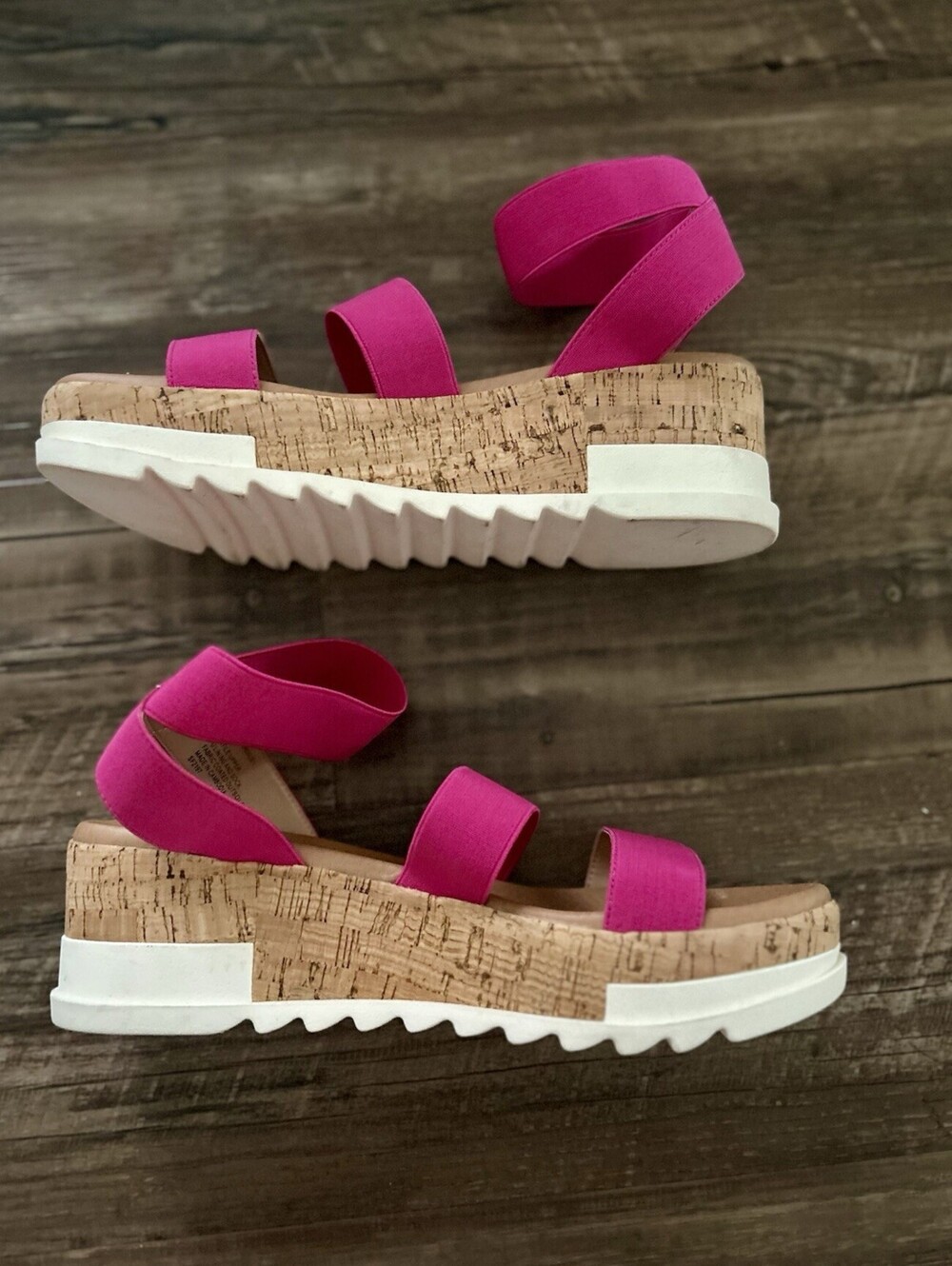 Steve Madden Bandi Fuchsia Pink Elastic Strap Cork Platform Wedge Sandals Sz 9.5